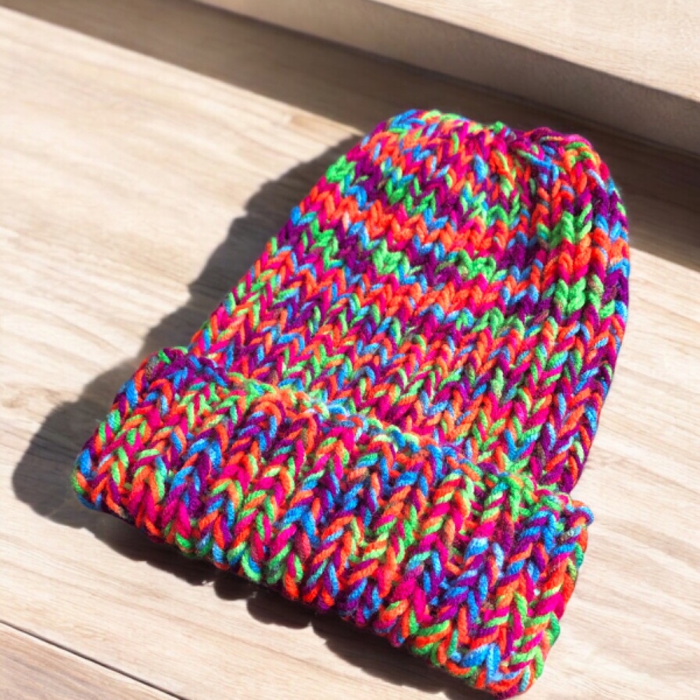 Chunky Ribbed Knit Toboggan Dark Neon Beanie Folded Brim Hat - Picture 12 of 17